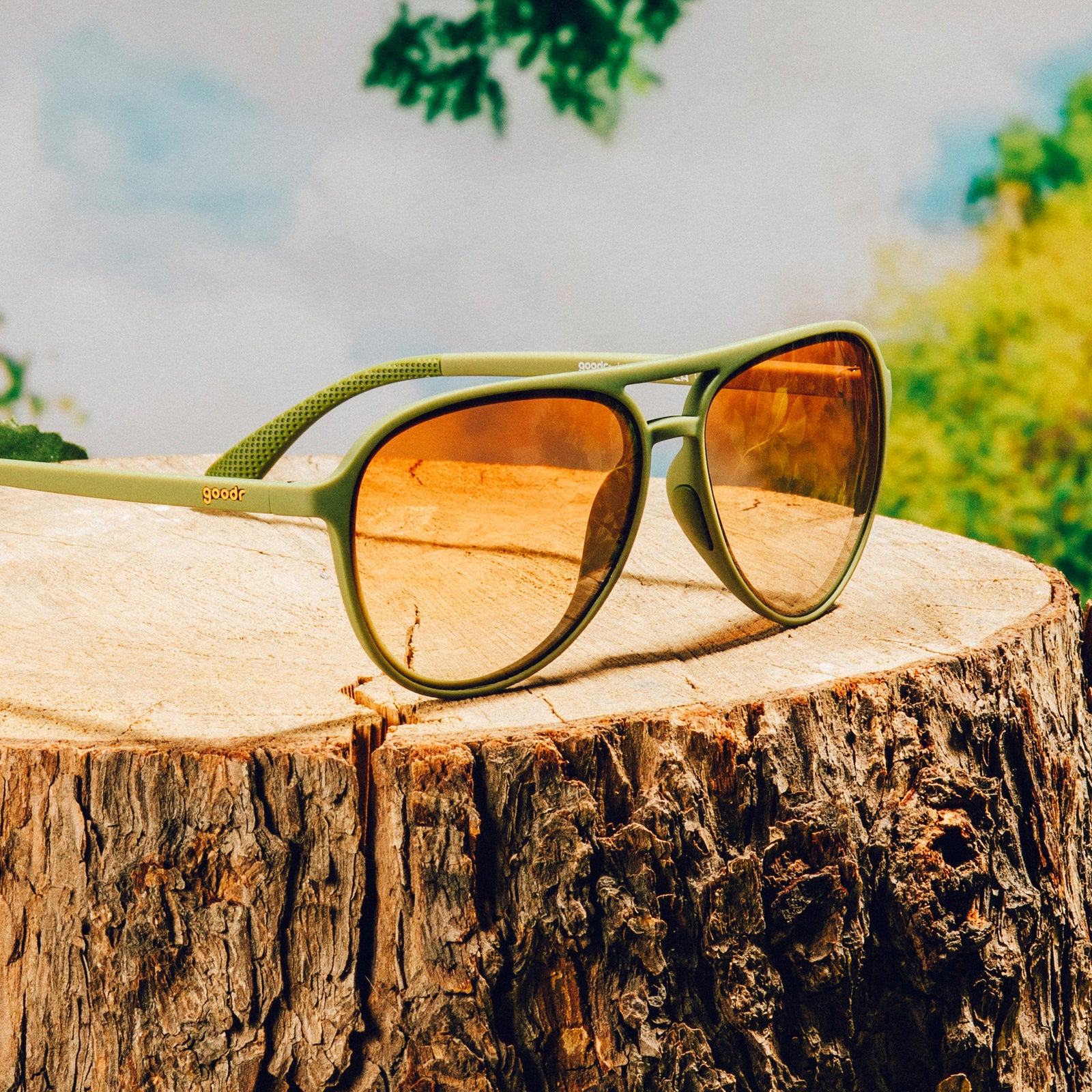Three-quarter angle view of green aviator sunglasses with amber gradient lenses on a tree trunk against a nature backdrop.