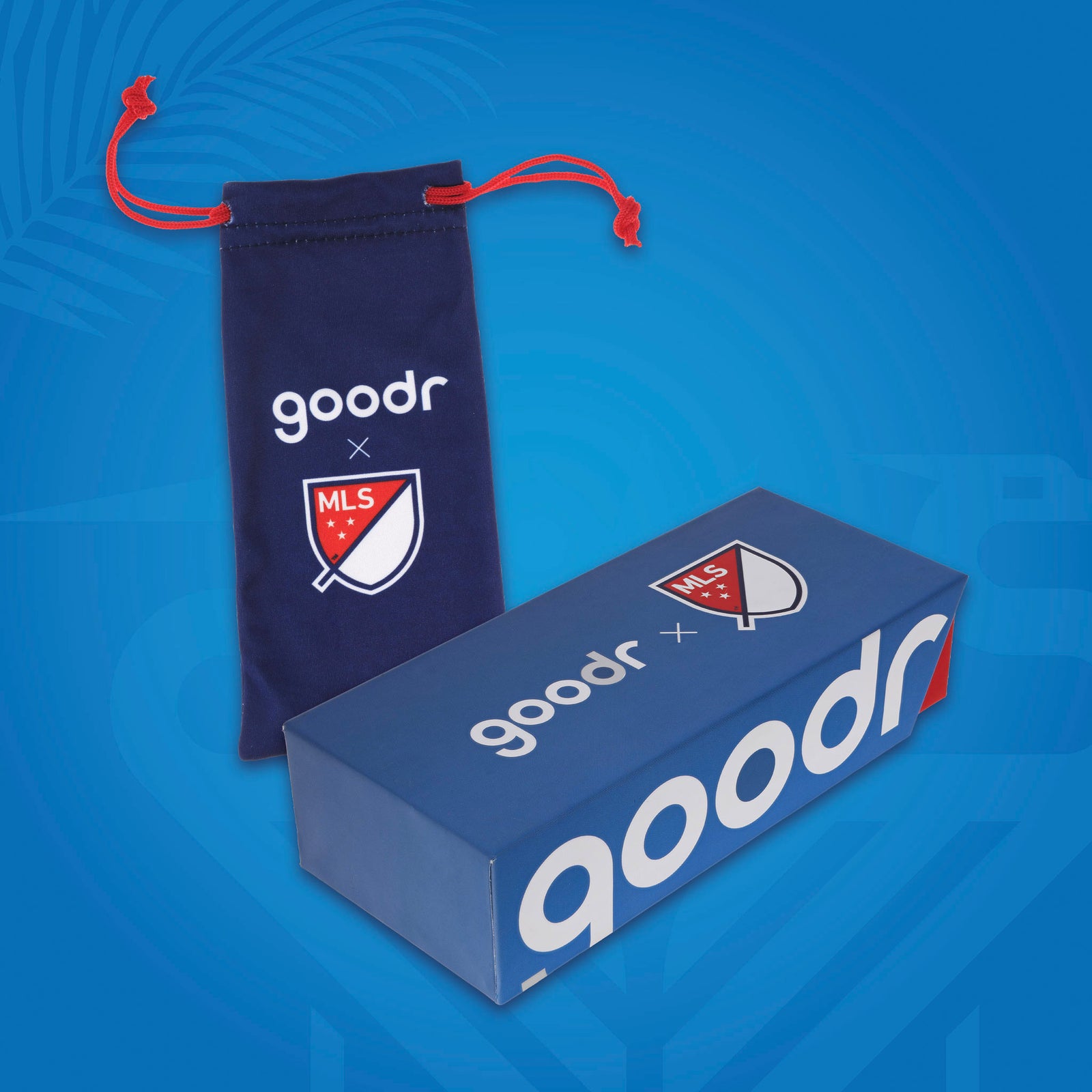 Front view of Major League Soccer packaging for the sunglasses, with a patterned microfiber bag and box.