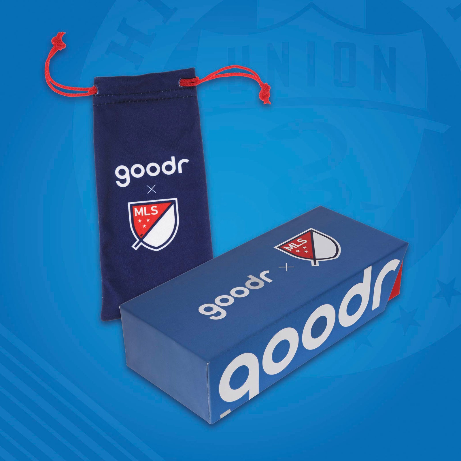 Major League Soccer-themed microfiber bag and box for MLS sunglasses on a blue background.