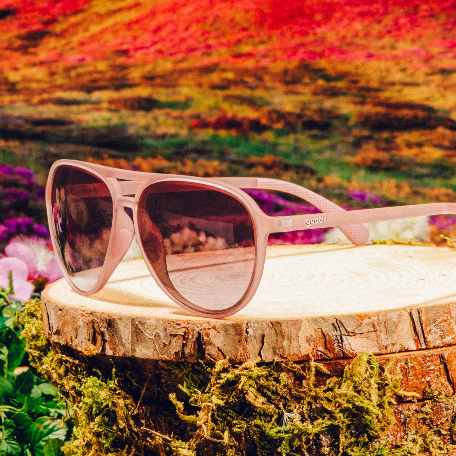 Three-quarter angle view of translucent pink aviator sunglasses with rose gradient lenses in front of a meadow backdrop.