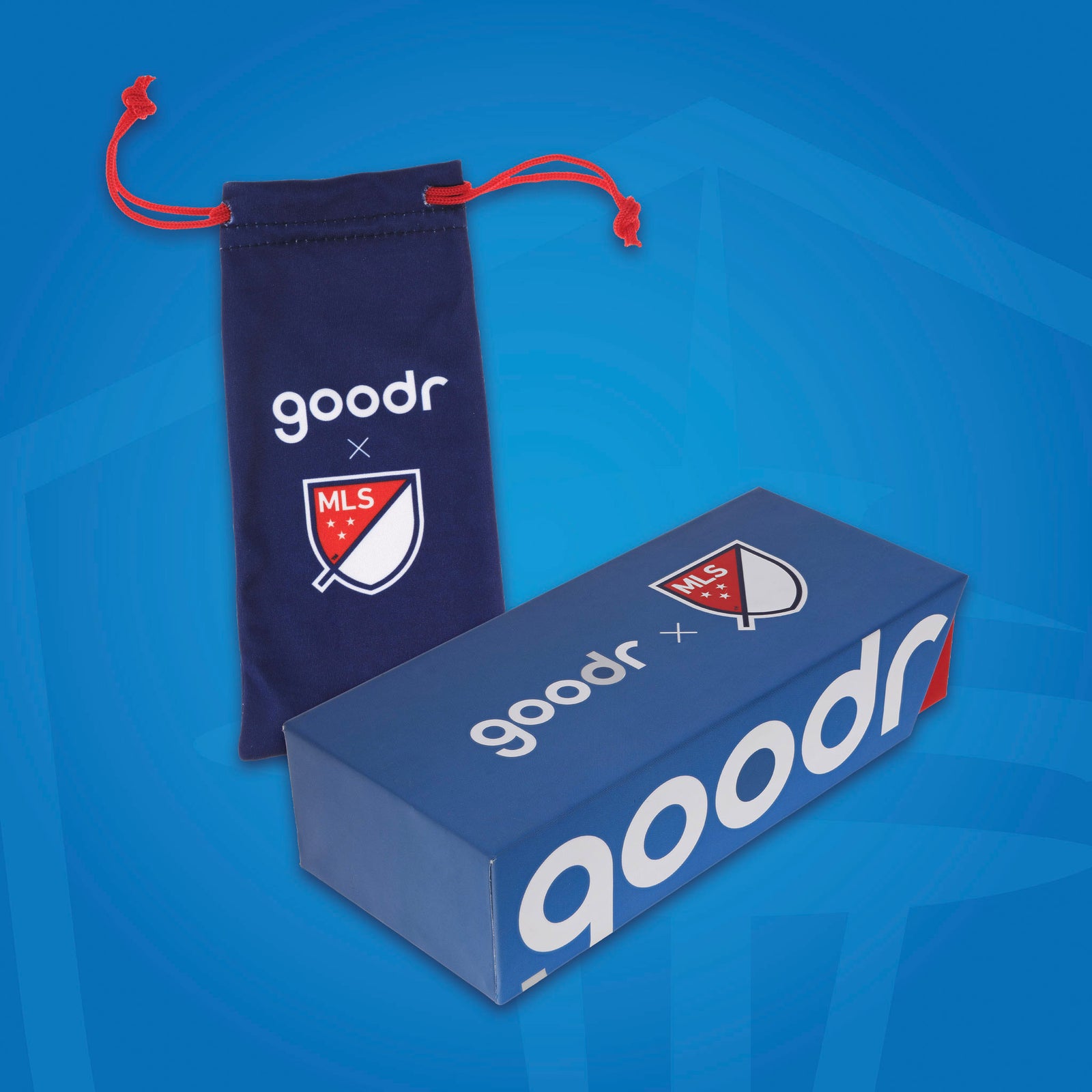 Front view of Major League Soccer packaging for the sunglasses, with a patterned microfiber bag and box