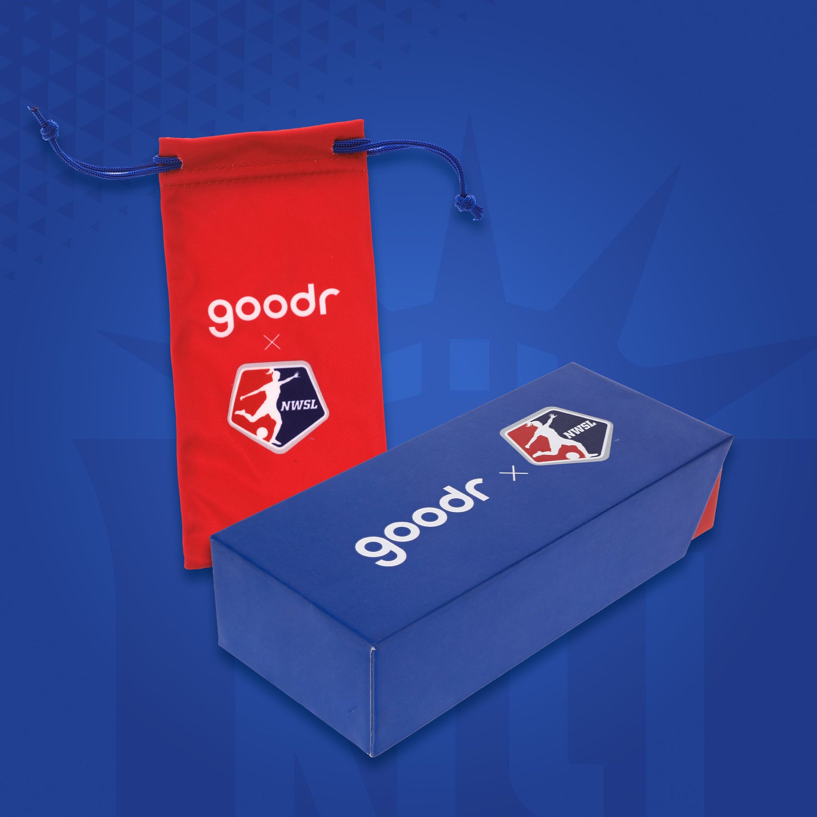 Red drawstring bag and blue box with 'goodr' and 'NWSL' logos on a blue background