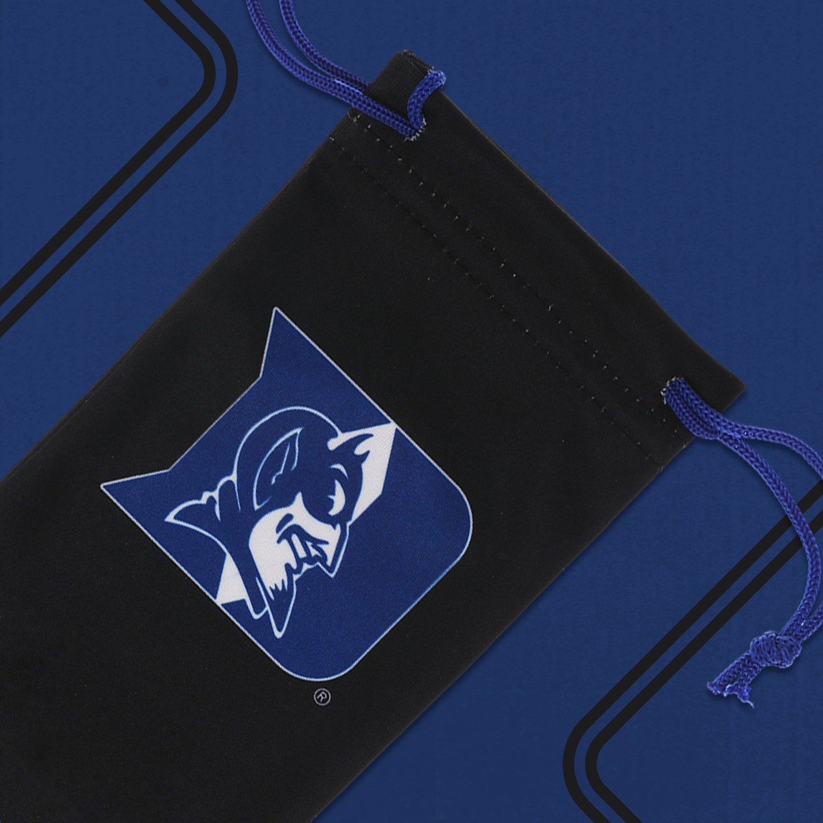 Top-down view of black and blue microfiber Duke University® Blue Devils® sunglasses pouch.