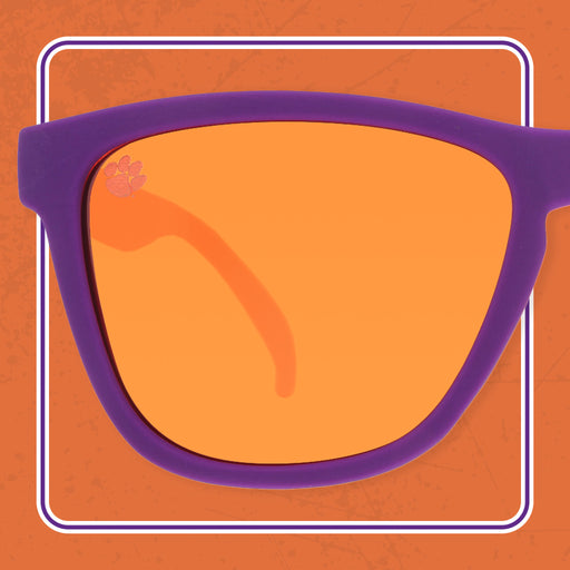 Illustration of sunglasses with a purple frame and bright orange lenses, displayed against a textured orange background with a white border.