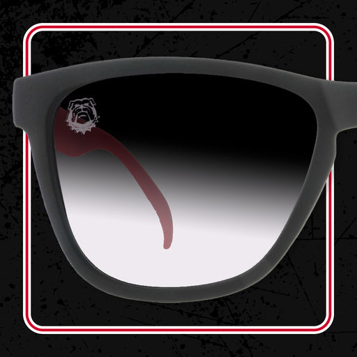 One lens of a pair of dark grey sunglasses, with a bulldog face in the top left of the lens