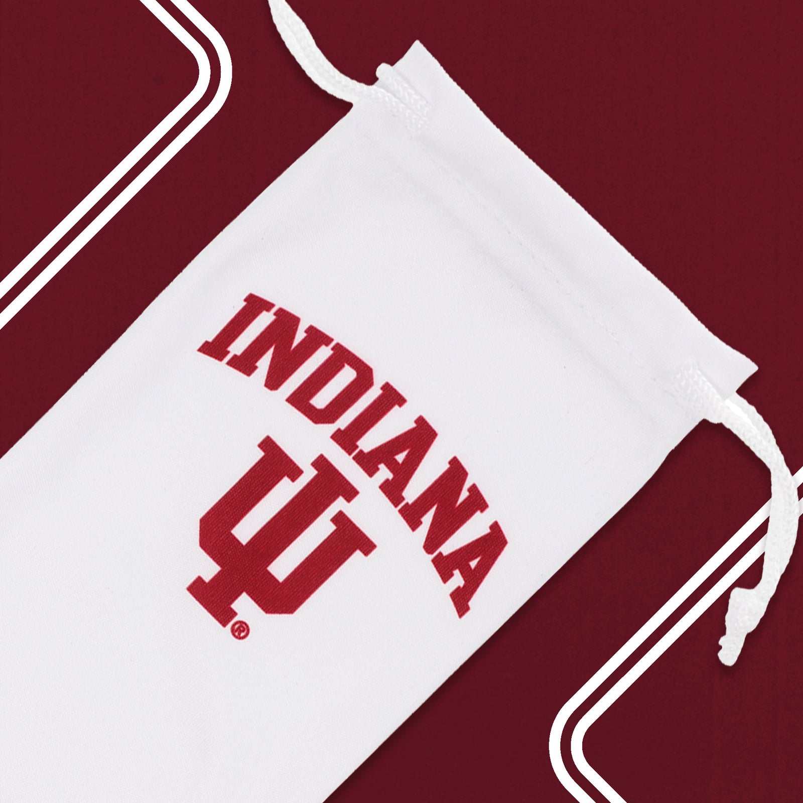 Top-down view of white microfiber Indiana University® sunglasses pouch.
