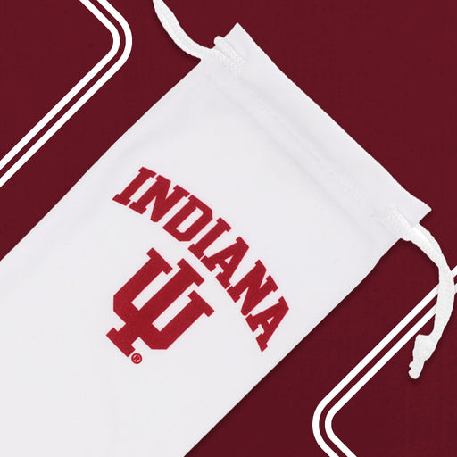 Top-down view of white microfiber Indiana University® sunglasses pouch.