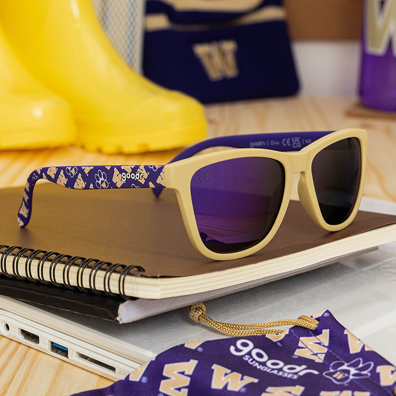 Special edition purple and yellow Washington huskies sunglasses sitting atop of a stack of notebooks.
