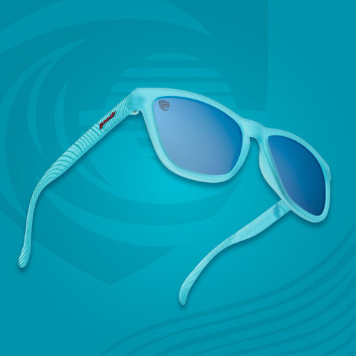 Blue sunglasses with blue reflective lenses on a blue background