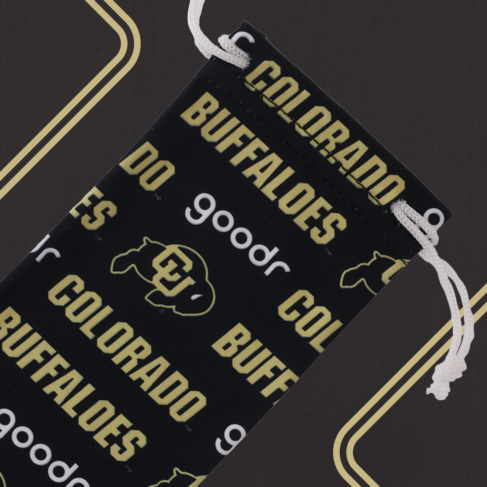 Black and light brown sunglasses pouch with Buffaloes logo.