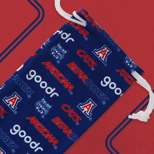 Dark blue sunglasses pouch with red and white Arizona logos and goodr print.