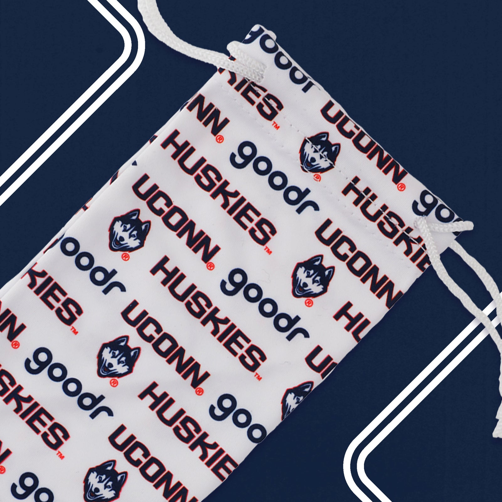 White, navy blue, and red sunglasses pouch with UConn and Huskies logo.