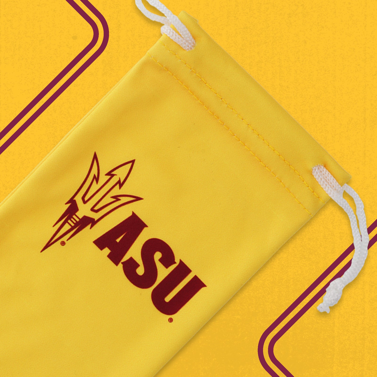 Yellow and dark red sunglasses pouch with ASU logo and trident.