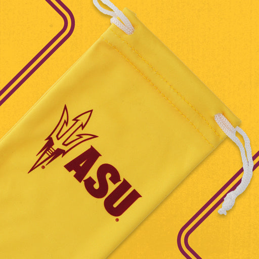 Yellow and dark red sunglasses pouch with ASU logo and trident.