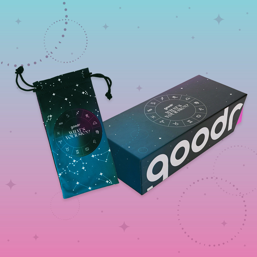 Astrology-inspired What’s Your Sign? Custom packaging and microfiber sunglasses bag with constellations on a night sky.