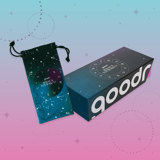 Astrology-inspired What’s Your Sign? Custom packaging and microfiber sunglasses bag with constellations on a night sky.