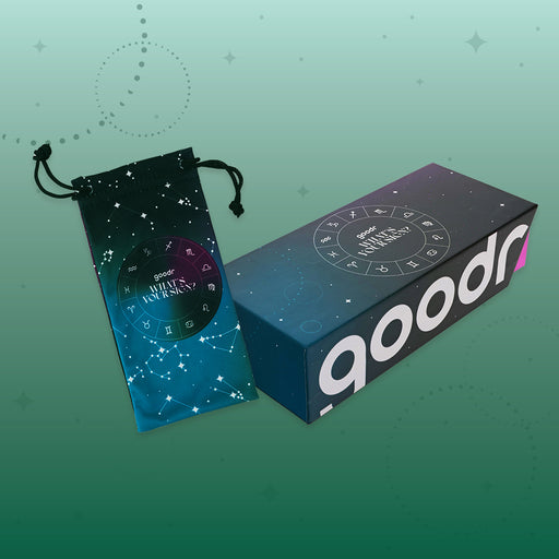 Astrology-inspired What’s Your Sign? Custom packaging and microfiber sunglasses bag with constellations on a night sky.