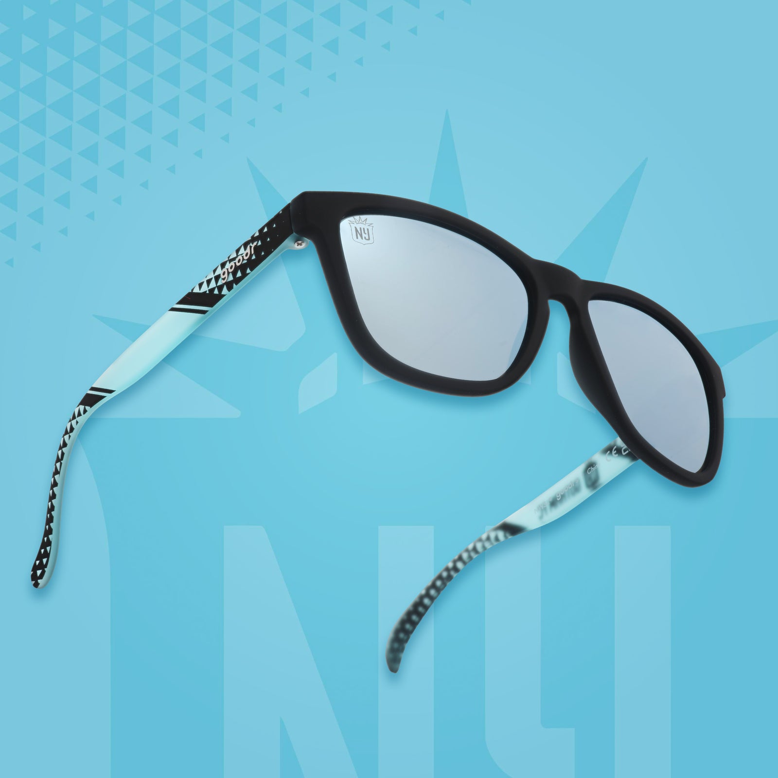 Sunglasses with blue patterned frames on a blue geometric patterned background