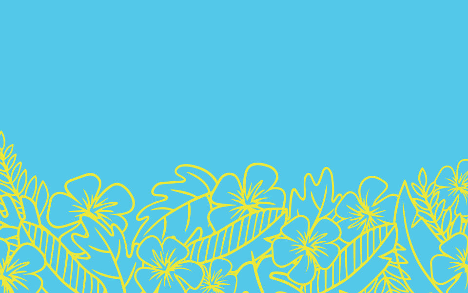 Outline of yellow hawaiian flowers across the bottom half of a blue background