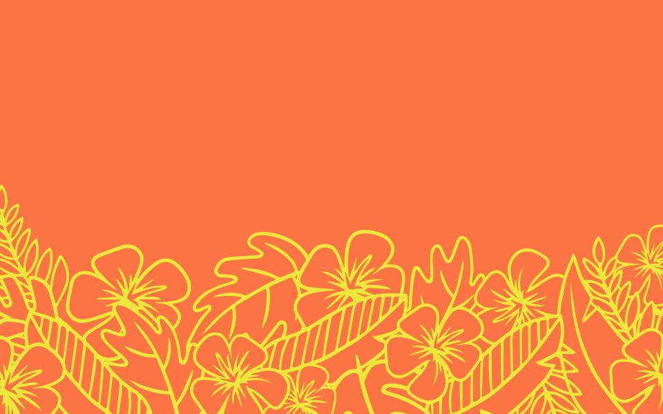 Orange background with hawaiian flowers outlined in yellow along the bottom half