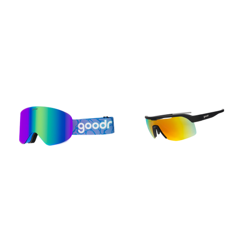 Two pairs of colorful goggles with 'goodr' branding on a white background