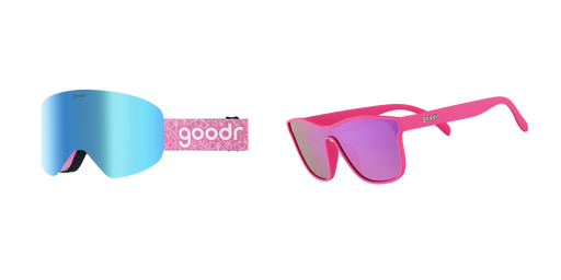 A pair of blue-tinted snow goggles with a pink strap featuring a patterned "goodr" logo on the left, and a pair of pink sunglasses with purple mirrored lenses on the right.