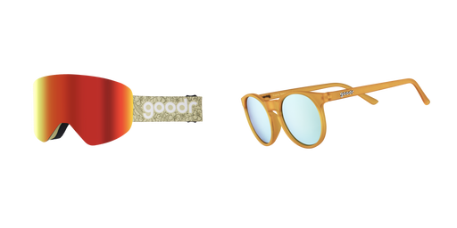 Two pairs of sunglasses on a white background, the pair on the left being snow goggles with a red and yellow reflective lens, and the pair on the right having round, yellow frames and light blue lenses.