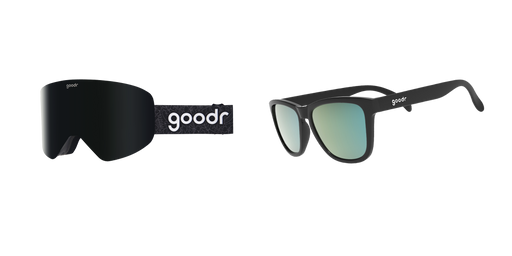 A pair of black sunglasses with reflective green lenses is displayed next to a pair of black snow goggles with a dark lens. Both items feature the "goodr" brand logo.