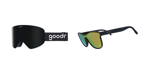 SNOW G goodr sunglasses bundle, one all black pair of sunglasses and one pair with green ombre lenses