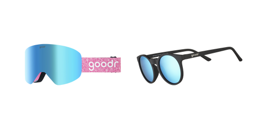 Two pairs of goodr sunglasses, the ones on the left being snow goggles and the ones on the right being round-framed sunglasses