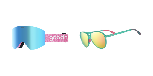 2 pairs of goodr sunglasses on a white background, the one on the left being blue and pink snow goggles, the one on the right being teal aviators with yellow lenses.