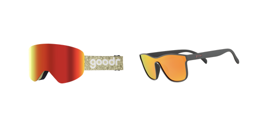 A pair of goggles and sporty sunglasses with mirrored lenses and branded side arms.