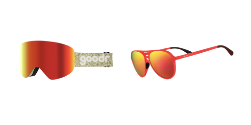 A side-by-side comparison of a red-tinted snow goggle and a pair of red aviator-style sunglasses with matching red reflective lenses. The "goodr" logo is visible on the strap of the goggles.