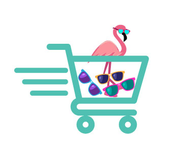 Illustration of a flamingo wearing goodr sunglasses inside a shopping cart icon with other goodr sunglasses.
