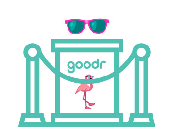 Illustration of a teal goodr retail stand with pink goodr sunglasses on top and a flamingo at the entrance.